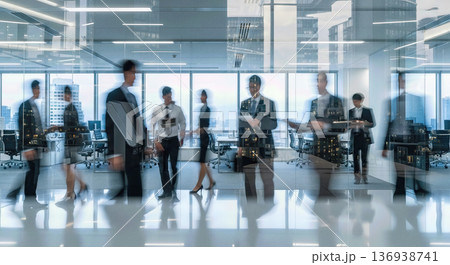 Double exposure of busy business people walking through glass office corridor and modern city skyscrapers representing corporate lifestyle and time management concept 136938741