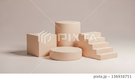 3D podium with beige geometric shapes including cube cylinder and stairs for minimalist product display on a neutral background for modern cosmetic mockups 3D podium with beige geometric shapes including cube cylinder and stairs for minimalist product display on a neutral background for modern cosmetic mockups 136938751