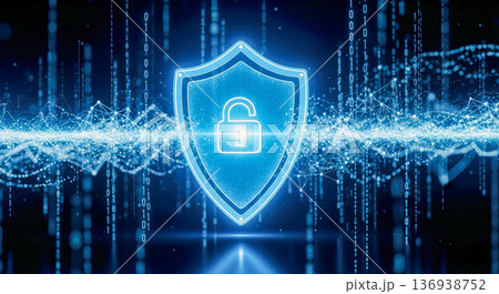 Cybersecurity vulnerability concept with a digital shield icon showing an unlocked padlock symbolizing data breach and network risk on a blue technology background 136938752