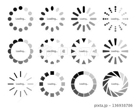 12種類のデザインのモノクロのグラデーションのローディングマークのベクターイラストセット 136938786