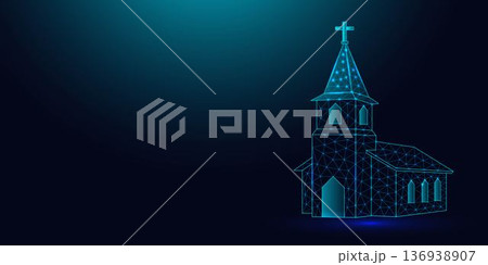 Low poly wireframe church building on dark blue background. Low poly wireframe church building on dark blue background. 136938907