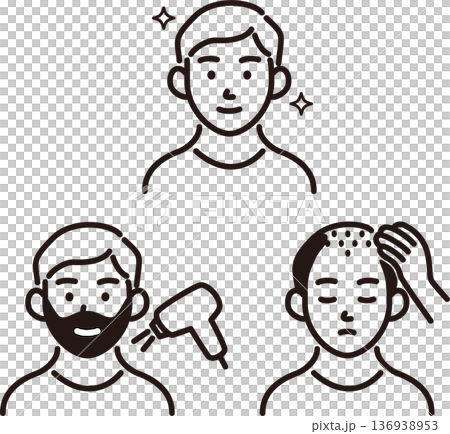 一套男士頭髮問題和美容護理的圖標集。包括鬍鬚去除、腿毛去除、頭髮稀疏和頭髮生長方法的插圖。 136938953