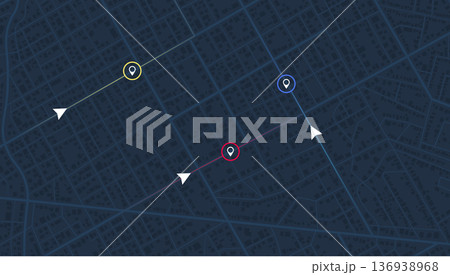 Dark blue city map with colorful navigation paths and location markers for delivery tracking interface. Vector illustration. 136938968