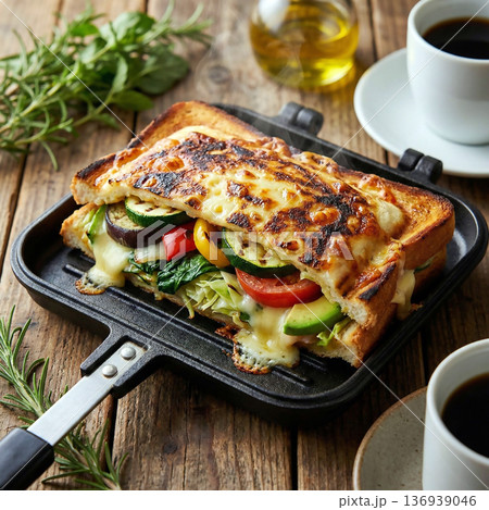 ホットサンドメーカーで野菜がたっぷり入ってこんがりと焼き上がったシズル感のあるホットサンド 136939046