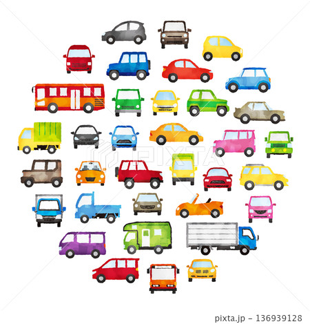 水彩風のカラフルな車と乗り物アイコンギャラリーセット（正面・側面） 136939128