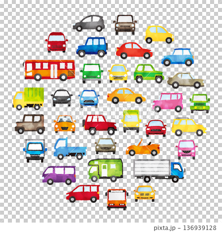 水彩風のカラフルな車と乗り物アイコンギャラリーセット（正面・側面） 136939128