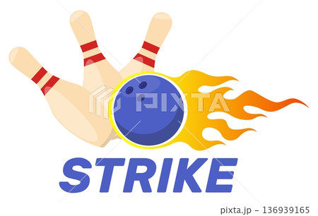 Burning bowling ball strikes pins during play. Game success. Winning fiery shot. Falling skittles. Fast speed rolling sphere with flames. Successful hit. Sport competition. Vector concept 136939165