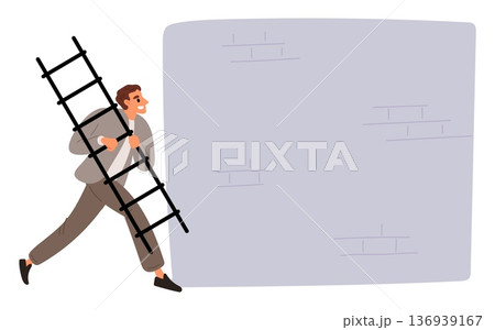 Businessman carries ladder to climb over wall. Solving problem. Overcoming difficulties. Business obstacles. Challenge decision. Efficient thinking. Man holding stairs. Vector concept 136939167