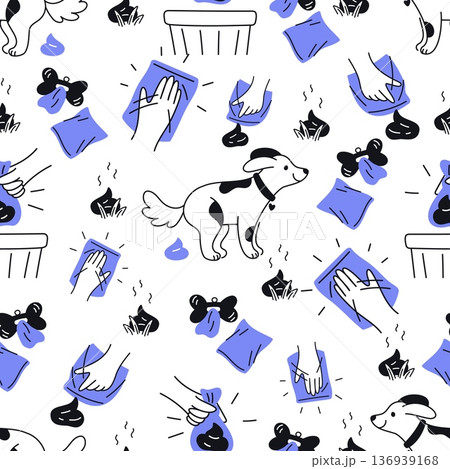 Caring for pet. Cleaning up after dog in canine bags and trash cans. Removing excrements seamless pattern. Puppies pooping. Defecation hygiene for domestic animals. Vector background 136939168