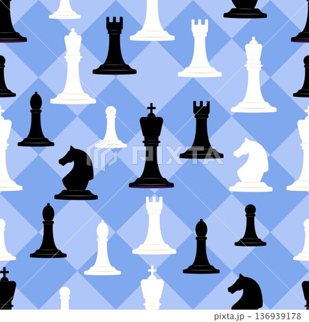 Chess pieces seamless pattern. Chessman competition. Black or white play figures. Grandmaster checkmate. Pawns and knights. Game challenge. King and queen against chessboard background 136939178