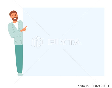 Doctor in white coat peeks out from behind poster and points finger. Physician presenting information. Medical specialist with empty billboard. Man showing at placard. Vector background 136939181