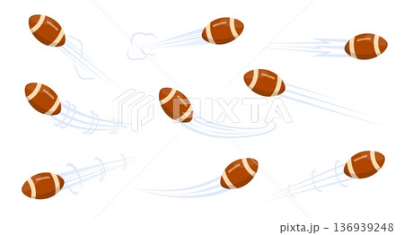 Flying balls for American football or rugby with airflow marks. Flight stream curve trail. Air flow and puff cloud. Orb hit movement. Track effect. Speed motion jet traces vector set Flying balls for American football or rugby with airflow marks. Flight stream curve trail. Air flow and puff cloud. Orb hit movement. Track effect. Speed motion jet traces vector set 136939248