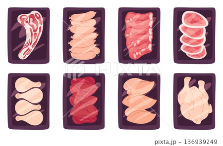 Frozen meat products in transparent plastic packaging. Pork tenderloin on tray top view. Uncooked chicken fillet. Beef sausages. Raw food for cooking. Vector butchery full packs set Frozen meat products in transparent plastic packaging. Pork tenderloin on tray top view. Uncooked chicken fillet. Beef sausages. Raw food for cooking. Vector butchery full packs set 136939249