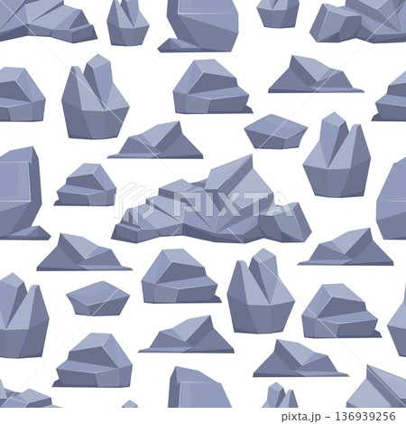 Gray stone blocks seamless pattern. Fragments of rock. Sharp cliffs form. Granite gravel. Cracked cobbles. Mountain rough pieces. Natural boulders. Limestone debris. Vector background 136939256