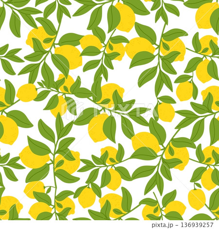 Green branches with leaves and yellow ripe lemons. Fruit tree seamless pattern. Citron twigs. Natural crop. Repeated print. Whole citrus. Summer foliage. Juicy harvest. Vector background 136939257