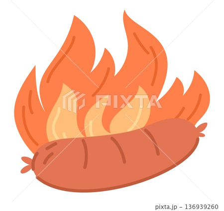 Grilled sausage or frankfurter over open flame. Roasted meat for hot dog. Barbecue fire. Fiery BBQ picnic. Food cooking. Snack burning. Blazing bratwurst. Barbeque ignition. Vector concept Grilled sausage or frankfurter over open flame. Roasted meat for hot dog. Barbecue fire. Fiery BBQ picnic. Food cooking. Snack burning. Blazing bratwurst. Barbeque ignition. Vector concept 136939260