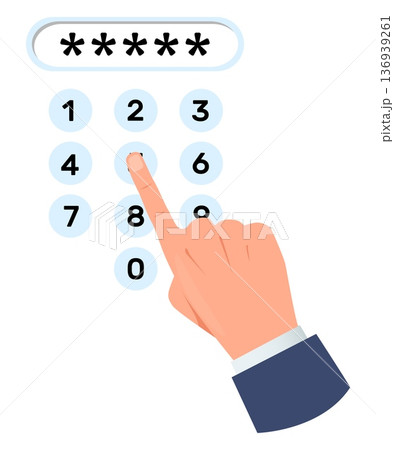 Hand types in secret digital PIN code from safe. Security technology. ATM keypad. Safety system. Finger pressing at buttons. Identification pincode input. Key password. Vector concept 136939261