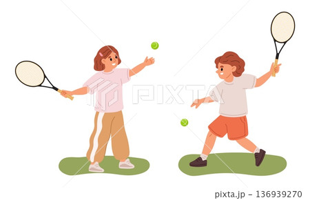 Happy little boy and girl are playing tennis with big rackets. Sport competition. Young athletes throwing balls. Children training together at court. Badminton exercise. Vector concept 136939270