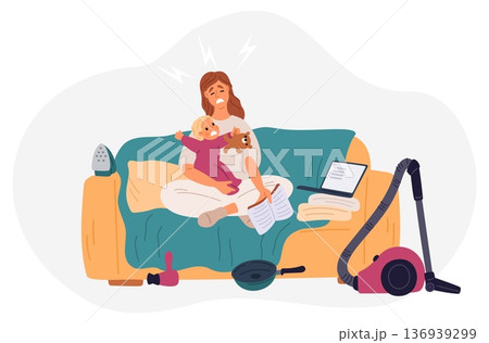 Tired woman sits on sofa with small child. Mother stress. Sleepy mom with baby. Parents frustration and fatigue. Overwhelmed person caring of kid. Vector concept of parental burnout Tired woman sits on sofa with small child. Mother stress. Sleepy mom with baby. Parents frustration and fatigue. Overwhelmed person caring of kid. Vector concept of parental burnout 136939299