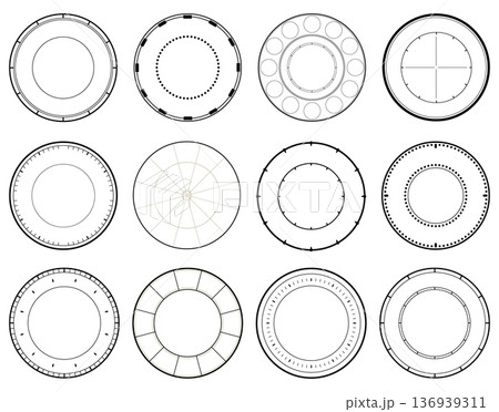 Watch dial design without numbers or hands on white background. Timepiece frame. Mechanical timer clockwork. Accuracy scale. Minutes and seconds measure. Clock face vector elements set 136939311