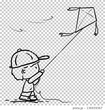 Isolated child flying a kite side view cartoon outline illustration 136939367