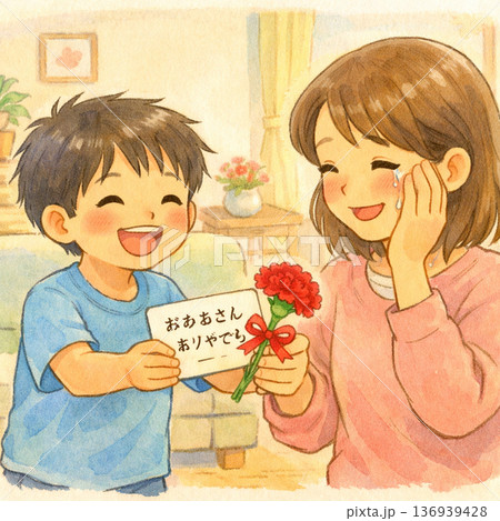 母の日にカーネーションの花束を渡す男の子 136939428