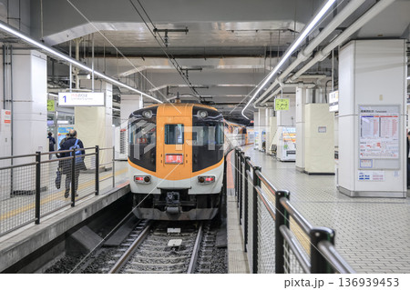 Nov 25 2025 Modern Kintetsu Railway Train at Kyoto Station Platform Nov 25 2025 Modern Kintetsu Railway Train at Kyoto Station Platform 136939453