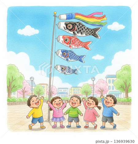 子供の日に鯉のぼりを見上げる子供 子供の日に鯉のぼりを見上げる子供 136939630