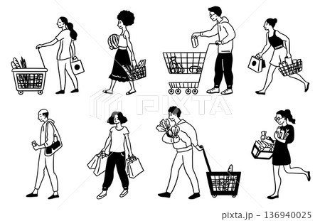 Characters People with Shopping Carts Black Thin Line Set Hand Drawn Doodle Style. Vector illustration of Trolley and Basket Market 136940025