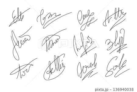 Fake Autograph Samples Symbols Black Thin Line Set Hand Drawn Doodle Style. Vector illustration of Example Signature Fake Autograph Samples Symbols Black Thin Line Set Hand Drawn Doodle Style. Vector illustration of Example Signature 136940038