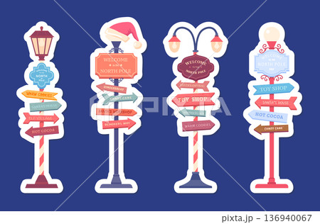 Cartoon Color Different Christmas Road Signs Sticker with Arrows and Street Lamp Set Xmas or New Year Decoration Concept Flat Design Style. Vector illustration 136940067