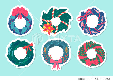 Cartoon Color Different Christmas Door Wreath Sticker Set Festive Xmas or New Year Decoration Concept Flat Design Style. Vector illustration 136940068