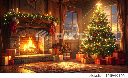 クリスマス暖炉ツリープレゼント温かい夜 クリスマス暖炉ツリープレゼント温かい夜 136940103