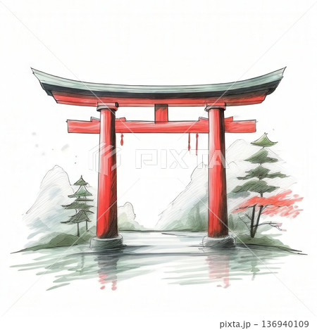 an AI Image Generator, Red Torii Gate Stands Peacefully Amid Serene Landscape 136940109