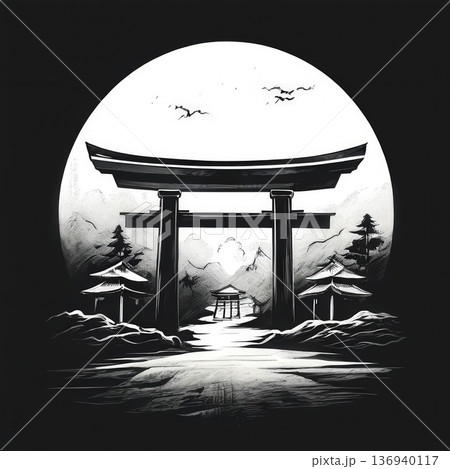 an AI Image Generator, Dramatic Black And White Torii Gate Mountain Illustration 136940117