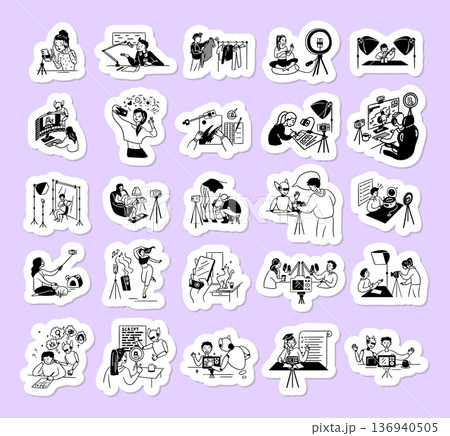 Cartoon Content Creation Scenes Concept Sticker Set Flat Design Style with Elements Thin Line. Vector illustration of Video Blog Promotion Cartoon Content Creation Scenes Concept Sticker Set Flat Design Style with Elements Thin Line. Vector illustration of Video Blog Promotion 136940505