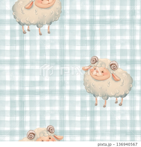 Cute sheep seamless pattern on light blue gingham check background 136940567