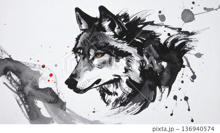 墨絵の狼の顔のイラスト背景 136940574