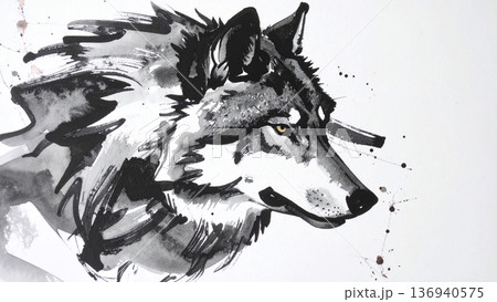 墨絵の狼の顔のイラスト背景 136940575