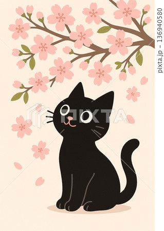桜の花を見上げる猫 136940580