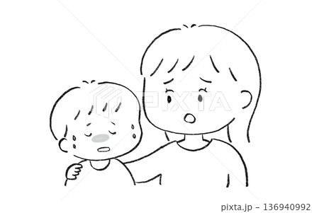 体調不良でぐったりする子供を心配して寄り添う母親 男の子 136940992