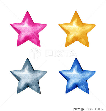 Vibrant watercolor set of four hand-painted stars in pink, gold, silver, and blue. These textured celestial elements are ideal for children's designs, festive decorations, and celebratory greeting Vibrant watercolor set of four hand-painted stars in pink, gold, silver, and blue. These textured celestial elements are ideal for children's designs, festive decorations, and celebratory greeting 136941007
