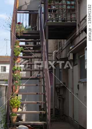 アパートの外階段に飾られた植木鉢 136941182