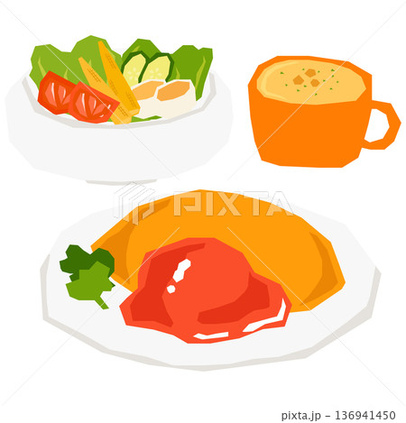 オムライスとサラダとコーンスープのベクターイラスト 136941450