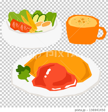 オムライスとサラダとコーンスープのベクターイラスト 136941450