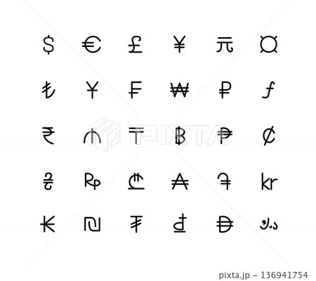 Different Types Currency Sign Black Thin Line Icon Set. Vector Different Types Currency Sign Black Thin Line Icon Set. Vector 136941754