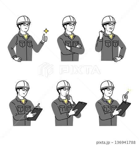 若い建設作業員ポーズセット ヘルメットと作業着の男性 現場確認 指差し説明 安全管理イラスト 136941788