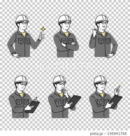 若い建設作業員ポーズセット ヘルメットと作業着の男性 現場確認 指差し説明 安全管理イラスト 136941788