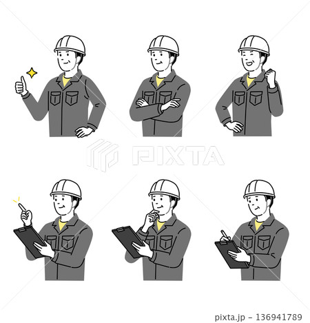 ミドルの建設作業員ポーズセット ヘルメットと作業着の男性 現場確認 指差し説明 安全管理イラスト 136941789