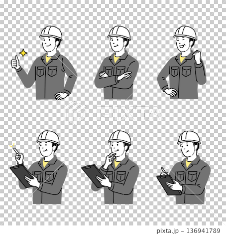 ミドルの建設作業員ポーズセット ヘルメットと作業着の男性 現場確認 指差し説明 安全管理イラスト 136941789